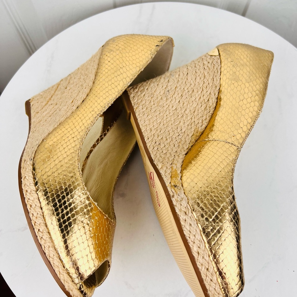 MICHAEL KORS Gold Leather Espadrille Wedge Slip On Peep Toes Pumps Shoes - Picture 6 of 11